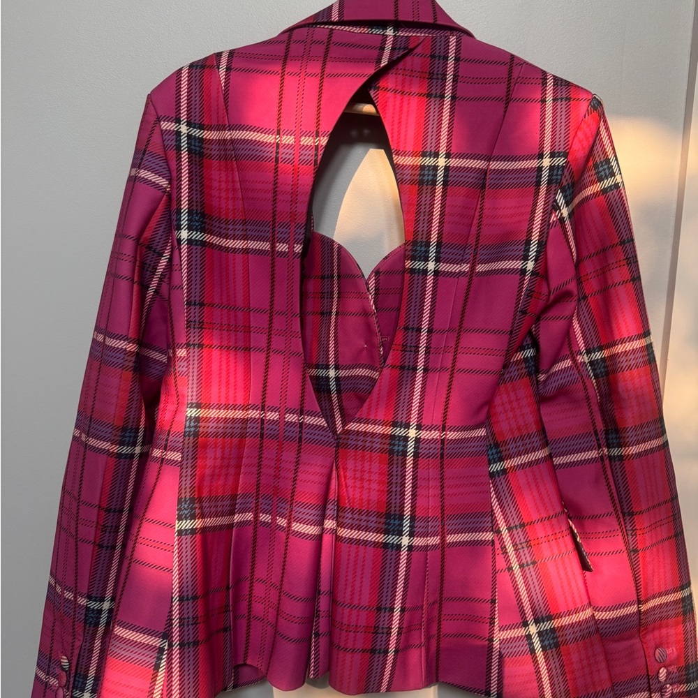 Pink Plaid Tailored Peplum Jacket like Area Large - Picture 6 of 16
